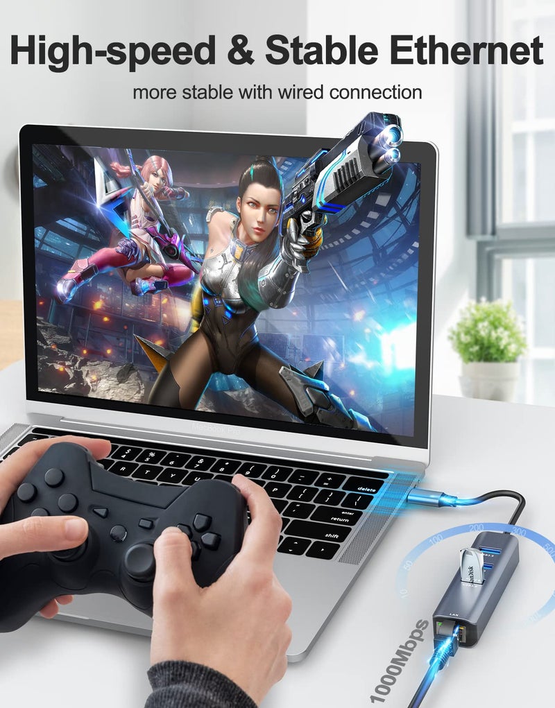 ABLEWE USB C to Ethernet Adapter, 4-in-1 RJ45 to USB-C/Thunderbolt 3 to Gigabit Ethernet LAN Network Adapter for MacBook Pro/Air 2023/2024, iPad Pro, iPhone 15/16 Pro/Max, Chromebook, XPS,Surface Book - Image 4